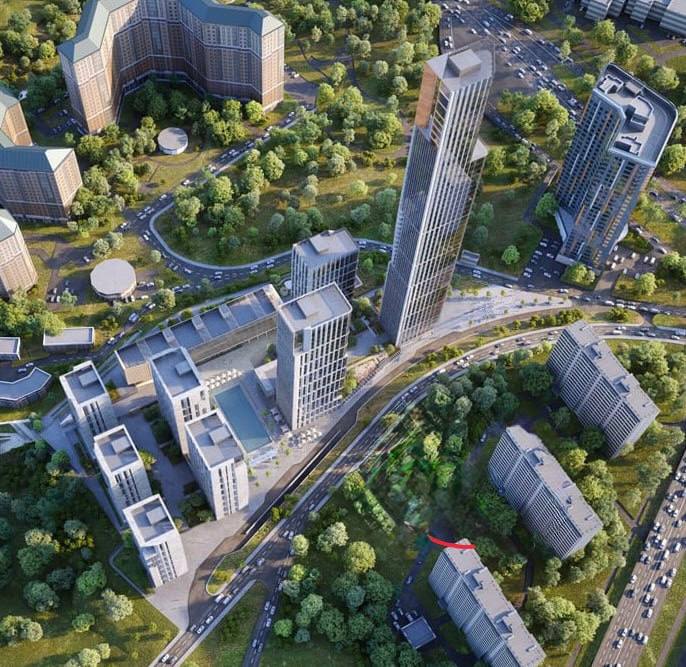 Аэрофотосъёмка концепта: планировка квартала с корпусами разной высоты, дороги и зелёные зоны вокруг стройплощадки