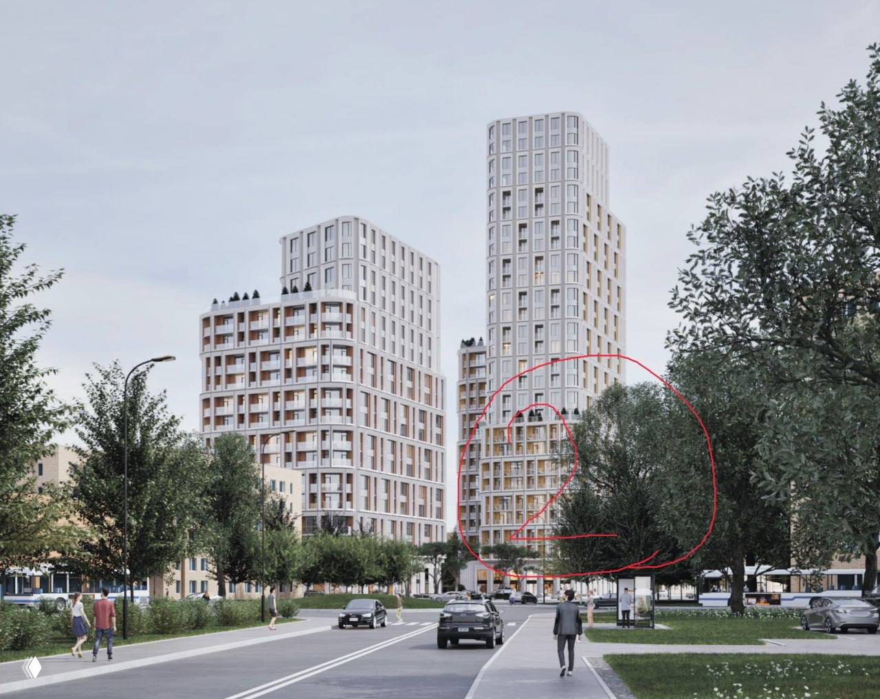 Архитектурная визуализация: одна из трёх концепций Tekta Group для нового жилого комплекса у метро «Динамо», фасады и композиция корпусов на улице.