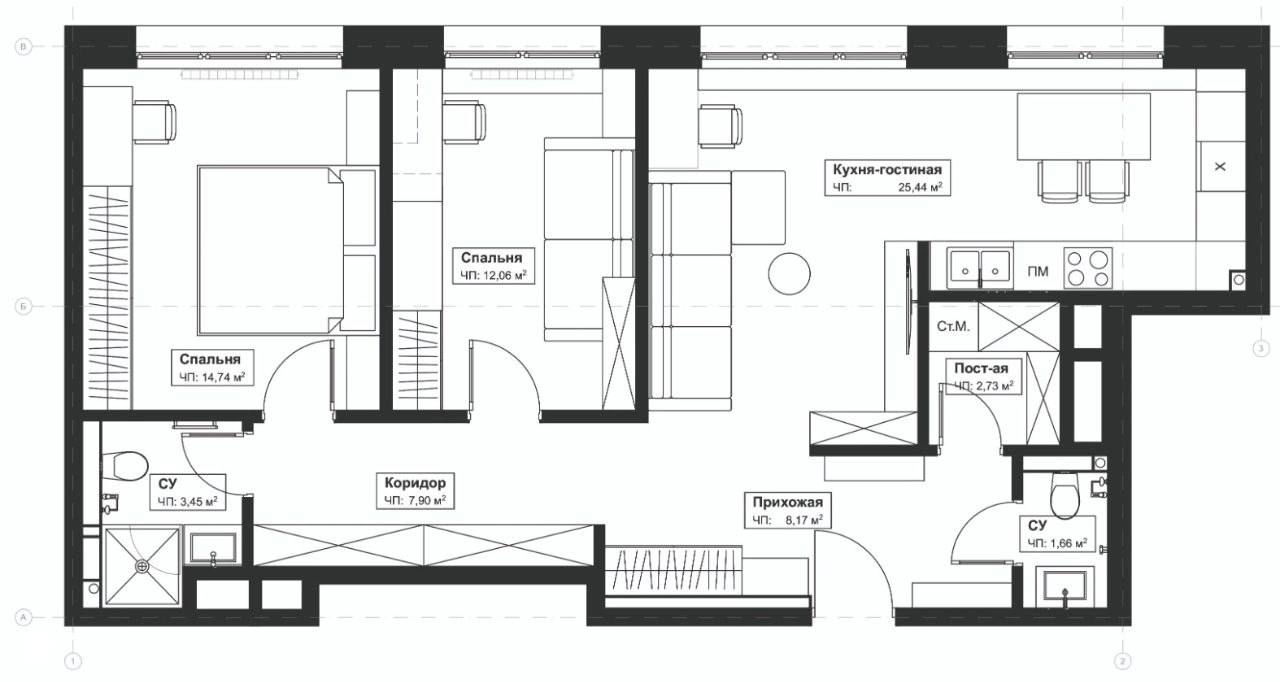 Планировка квартиры в плане: схема с обозначением кухни-гостиной, двух спален, коридора и санузлов, указаны площади и расположение встроенных шкафов.