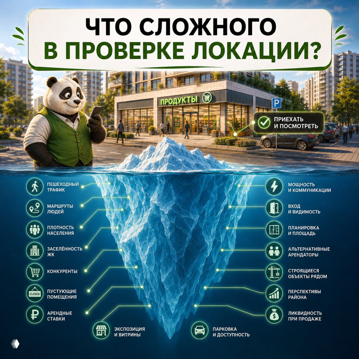 Иллюстрация: мультяшная панда у продуктового магазина на фоне жилого квартала; айсберг‑метафора факторов локации с иконками и подписями.