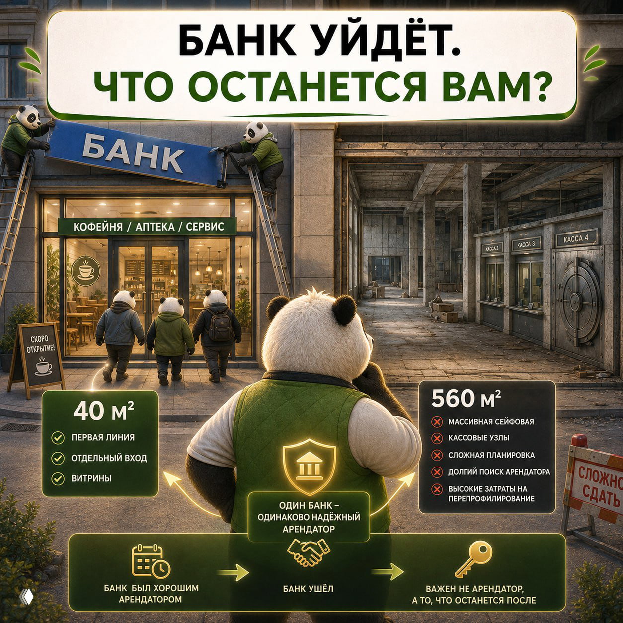Инфографика: бывший банковский фасад превращается в маленькую кофейню/аптеку; показано сравнение 40 м² ликвидного фронта и 560 м² с массивной сейфовой и кассами.
