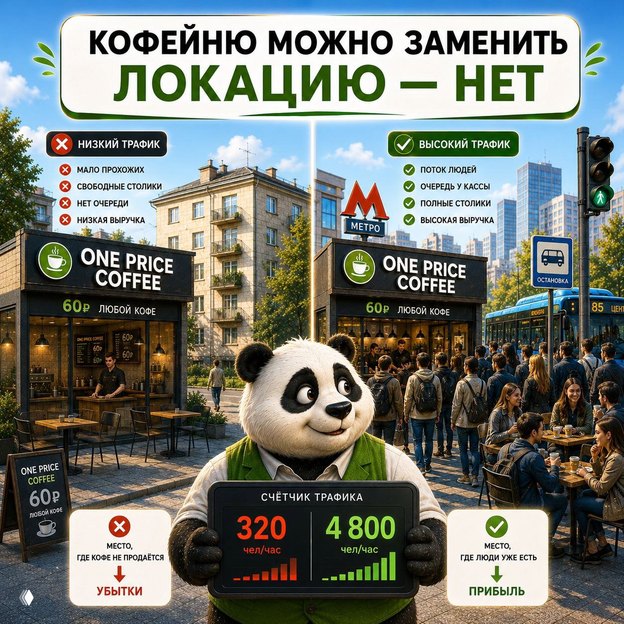 Иллюстрация: два киоска One Price Coffee у метро — слева пустая точка с низким трафиком, справа оживлённая точка с толпой и счётчиком трафика.