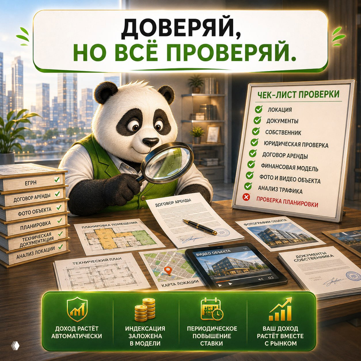 Иллюстрация: панда с лупой изучает договор аренды, технический план и чек-лист проверки коммерческой недвижимости на столе на фоне городской панорамы.