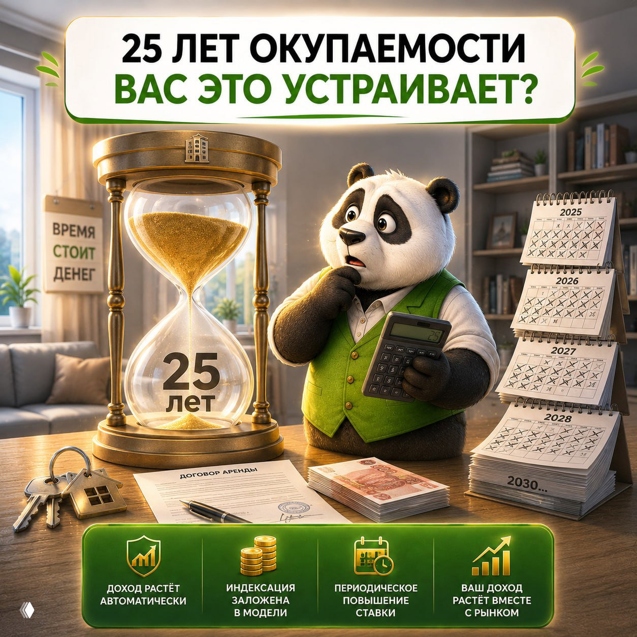 Задумчивая панда с калькулятором у стола, крупные песочные часы с надписью «25 лет», стопки денег, ключи, договор аренды и календарь — визуализация долгой окупаемости.