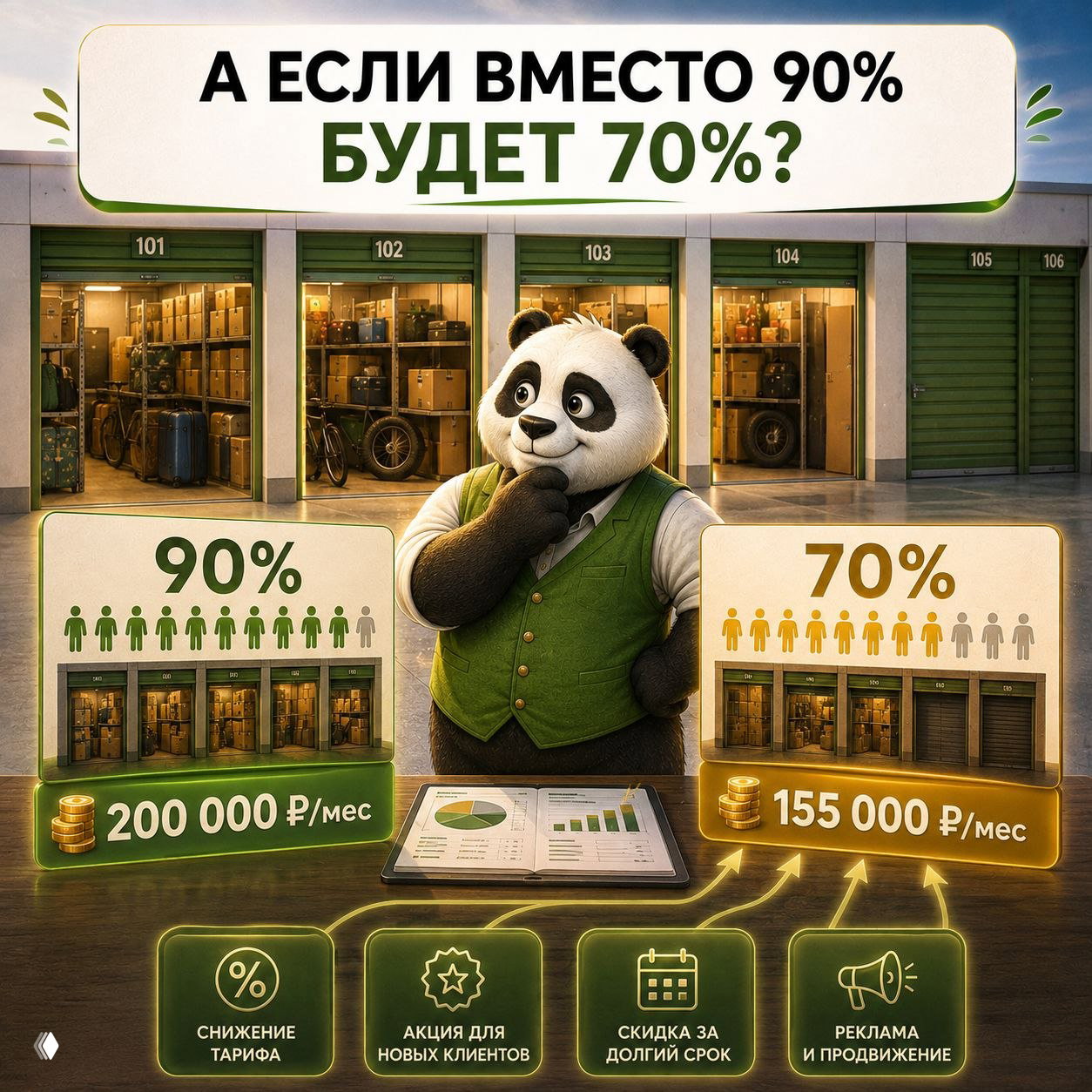 Инфографика: панда на фоне складских блоков self‑storage, сравнение заполнения 90% и 70% и расчёт месячного дохода в рублях.