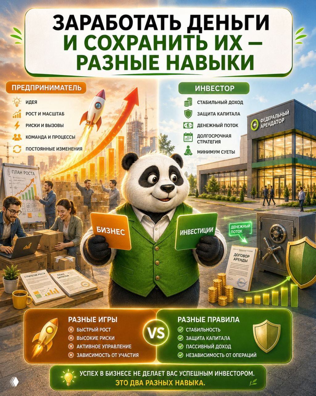 Инфографика: панда с табличками «бизнес» и «инвестиции» на фоне графиков роста, стройки и торгового здания — сравнение подходов и целей предпринимателя и инвестора.