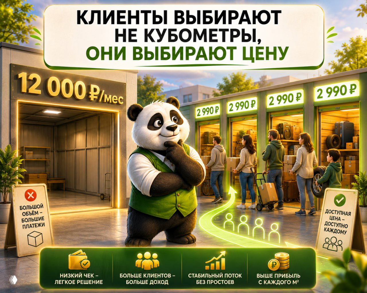 Мультяшная панда на фоне self‑storage: ряд небольших боксов с ценником 2 990 ₽ и один большой бокс с ценой 12 000 ₽, сравнение спроса.