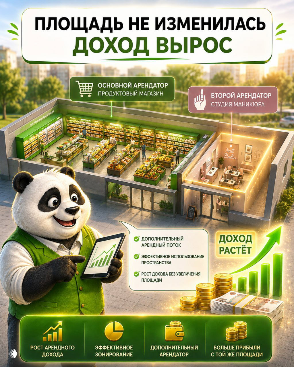 Иллюстрация планировки: продуктовый магазин и отдельная 20 м² зона под студию маникюра; графическое отображение роста дохода без увеличения площади.