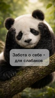 Крупный план панды на ветке с наложенной фразой «Забота о себе - для слабаков», иллюстрация ироничного совета о самозаботе.