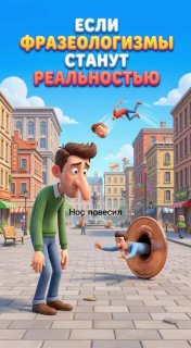 Карикатурная мультяшная сцена: городская улица, задумчивый мужчина в центре и крупная иллюстративная надпись «Если фразеологизмы станут реальностью», яркие цвета.