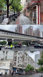 Пешеходная улица в Шанхае с тротуаром, деревьями и жилыми зданиями — городской пейзаж с дождливой атмосферой и повседневной жизнью.