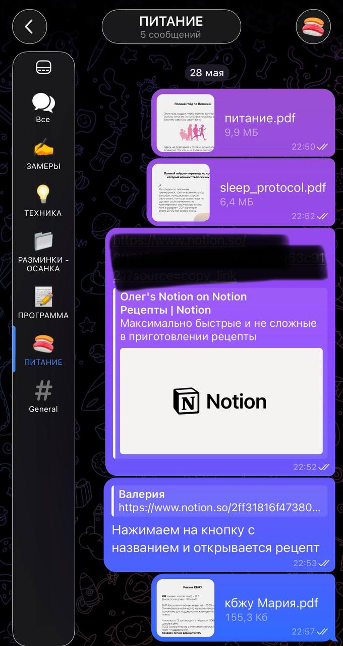 Скриншот интерфейса с файлами питания и sleep_protocol в Notion, видны PDF-файлы и меню разделов программы для участников.