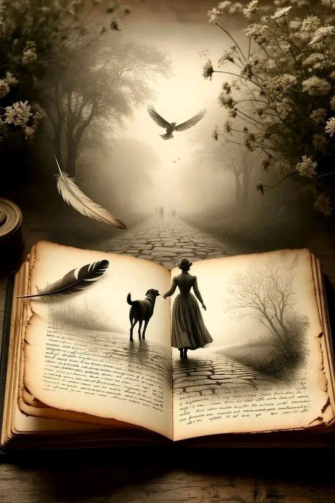 Сепия-иллюстрация: открытая книга, по страницам которой идёт женщина с собакой, парящие перья и птица над туманной дорогой — символ путешествия и воспоминаний.
