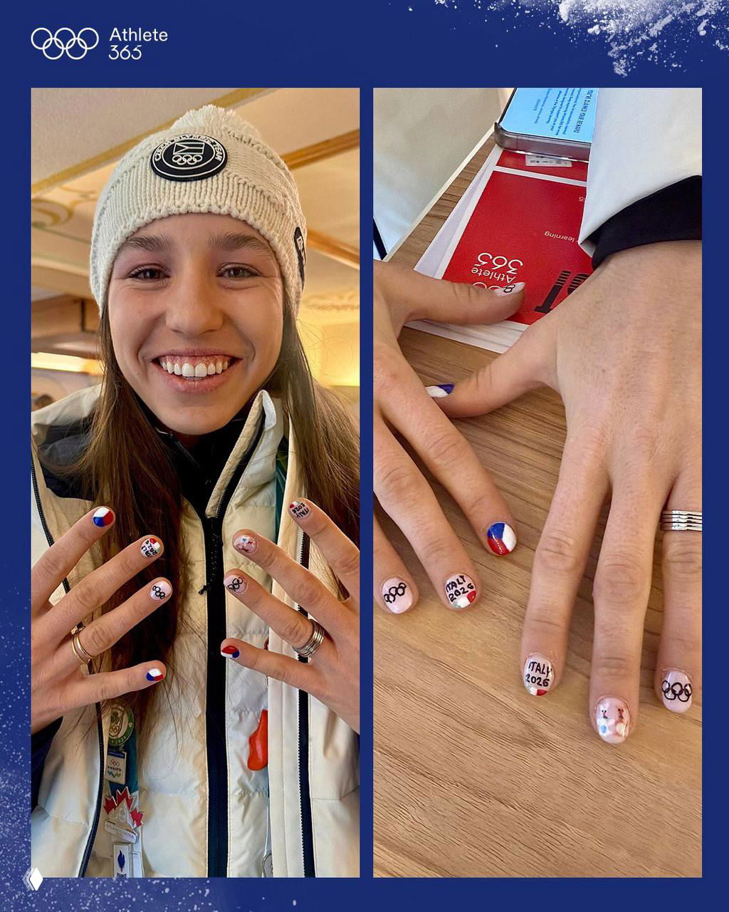 Спортсменка улыбается, показывая разноцветный маникюр с флагами и олимпийскими символами; фото в коллажах Athlete 365 на фоне интерьера локации.