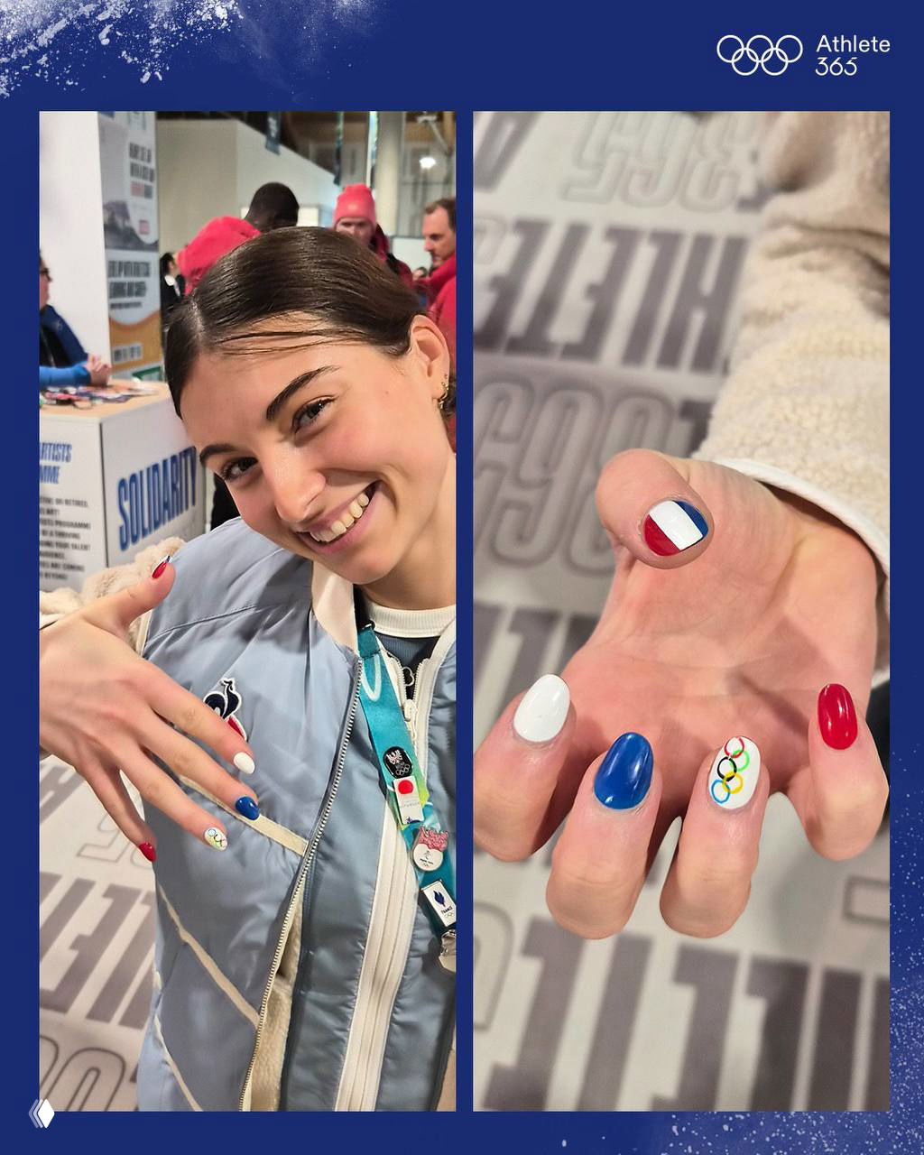 Улыбающаяся спортсменка демонстрирует маникюр в цветах флага: синие, белые и красные пластины и мини-олимпийские кольца — крупный план пальцев.