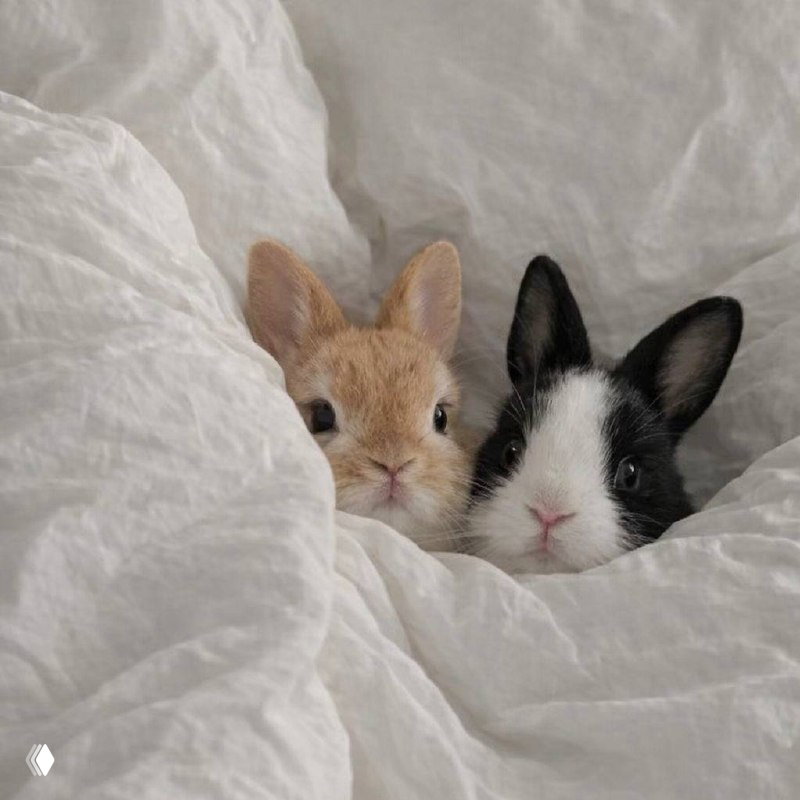 Два маленьких кролика — светло-коричневый и чёрно-белый — уютно укутаны в белое постельное бельё, кадр подчёркивает домашнюю нежность питомцев.