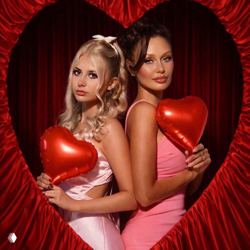 Женщины в розовых нарядах стоят в рамке в форме сердца, одна в атласном платье, композиция в стиле Валентин и праздничная атмосфера.