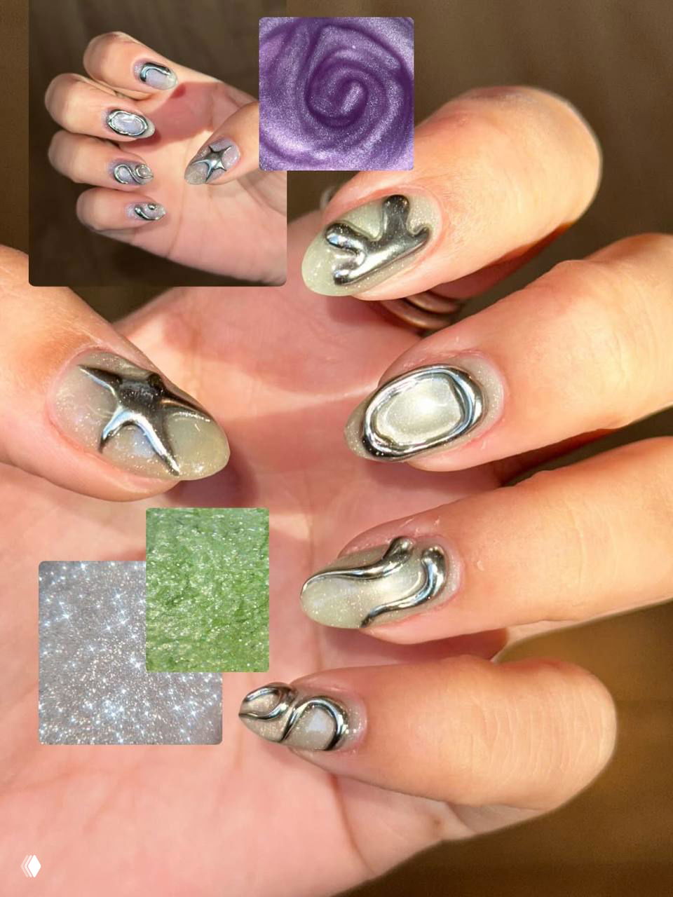 Крупный план рук с объёмным металлическим маникюром: серебристые 3D‑элементы, блёстки и отражающие текстуры на овальных ногтях, тёплый золотистый свет.