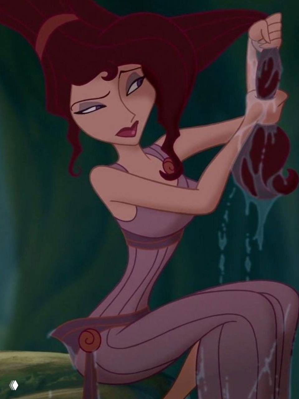 Кадр из «Геркулеса»: Мегара в дерзкой позе, характерный образ героини мультфильма с выразительной мимикой и динамичным действием.