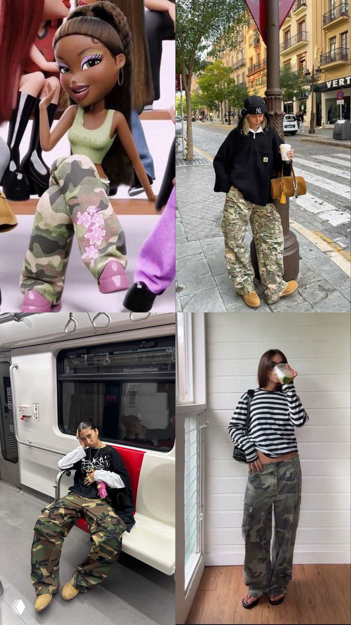Коллаж с камуфляжными штанами: от иллюстрации Bratz до реальных уличных луков — грубые брюки, свободный крой и практичная эстетика.