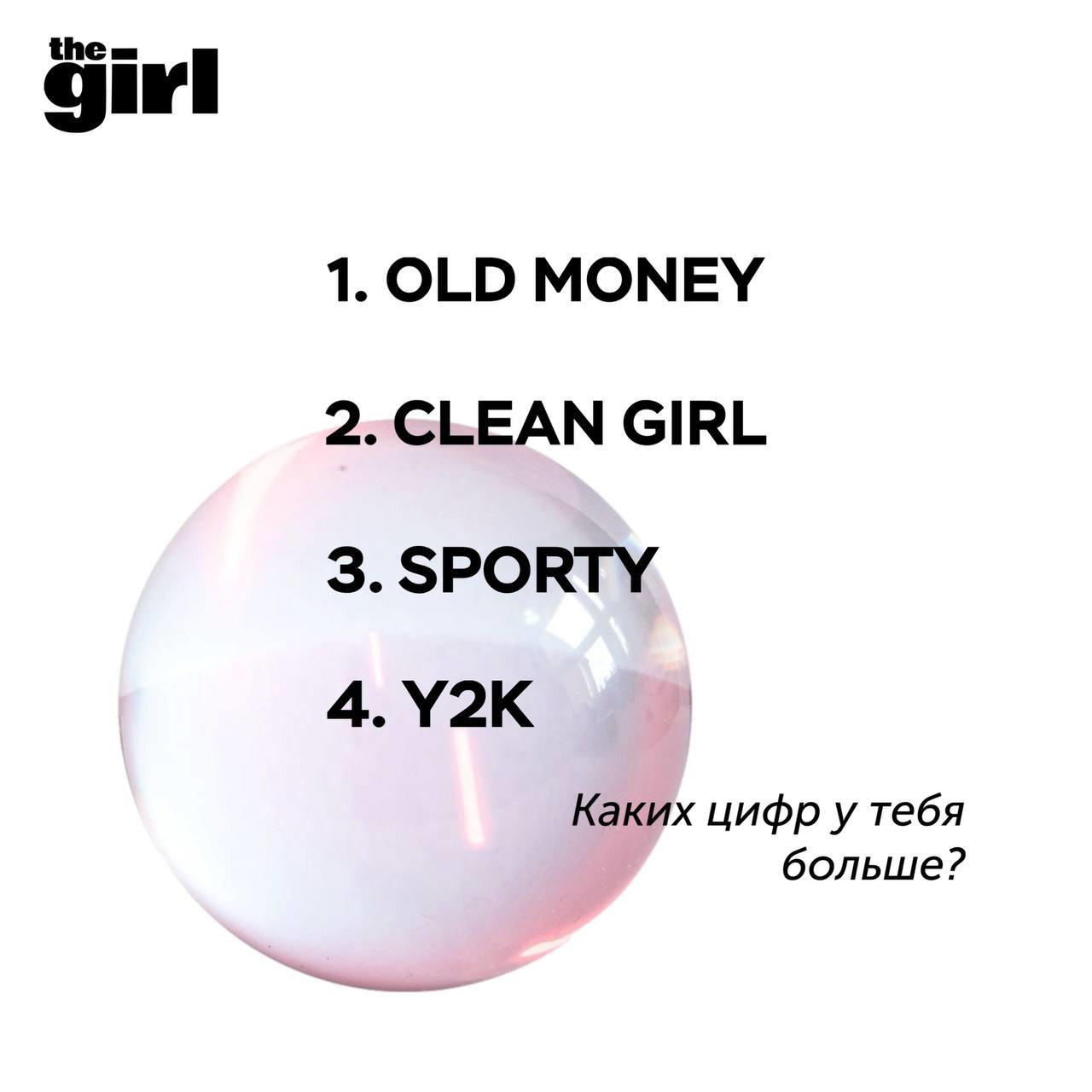 Слайд с результатами: перечислены стили 1. Old Money 2. Clean Girl 3. Sporty 4. Y2K и вопрос «Каких цифр у тебя больше?»
