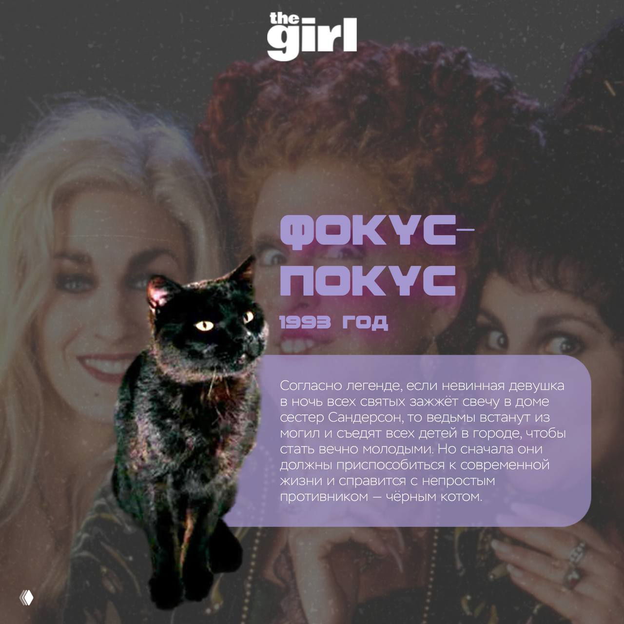 Чёрный кот на переднем плане и три женщины на размытой подложке — изображение, представляющее фильм «Фокус‑покус» (1993) в ностальгической подборке.