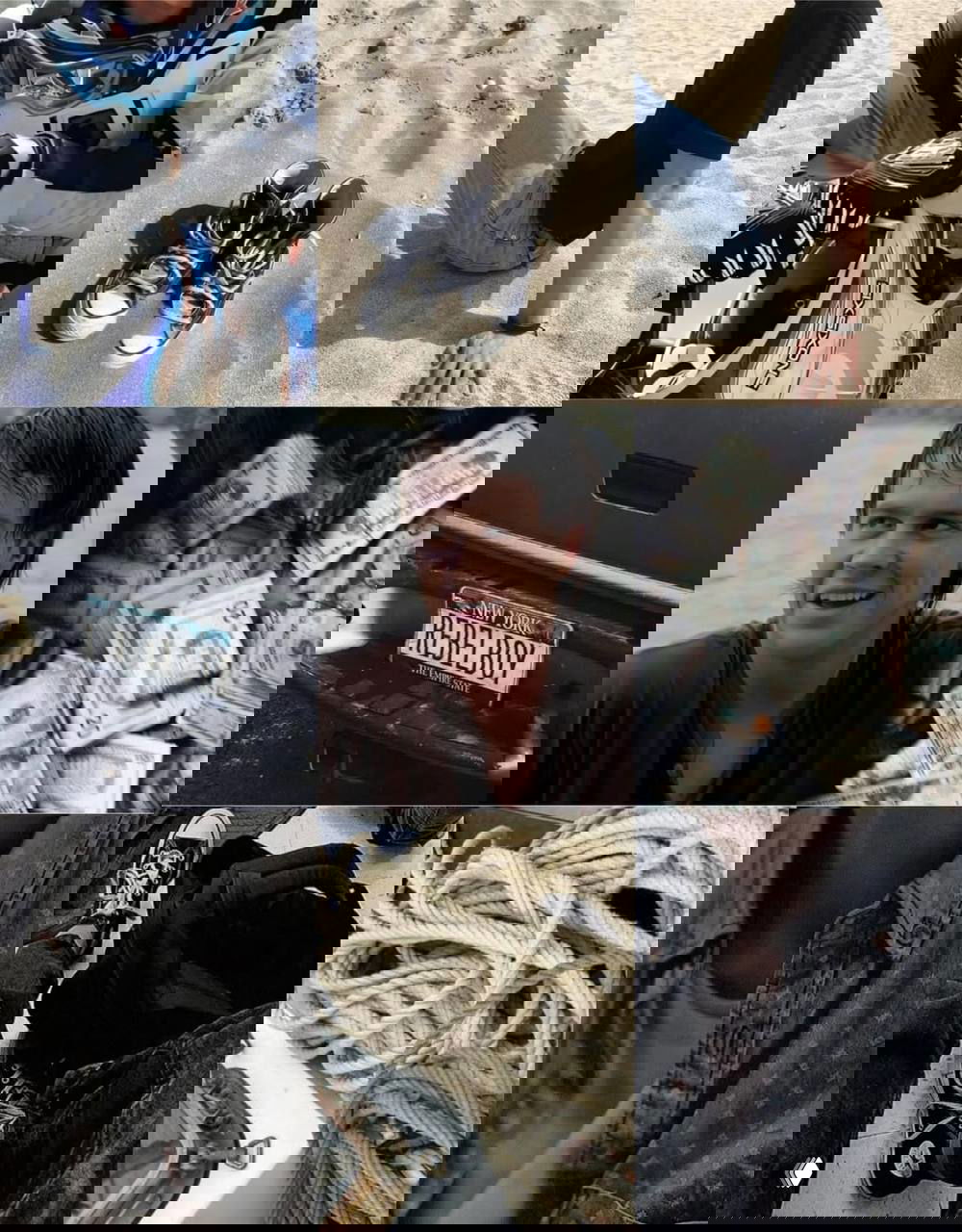 Коллаж с пляжными элементами: кеды на песке, номерной знак «REBELBOY», кадр персонажа и пачка денег — фанатская мозаика образов.