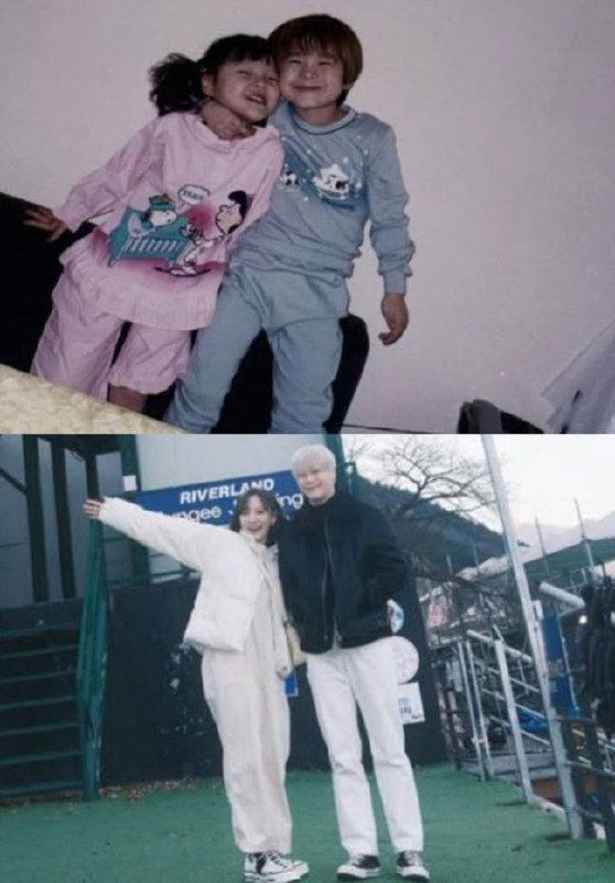 Коллаж: вверху детское фото двоих детей, внизу пара стоит на улице у перил — семейные кадры и совместные воспоминания на одном полотне.