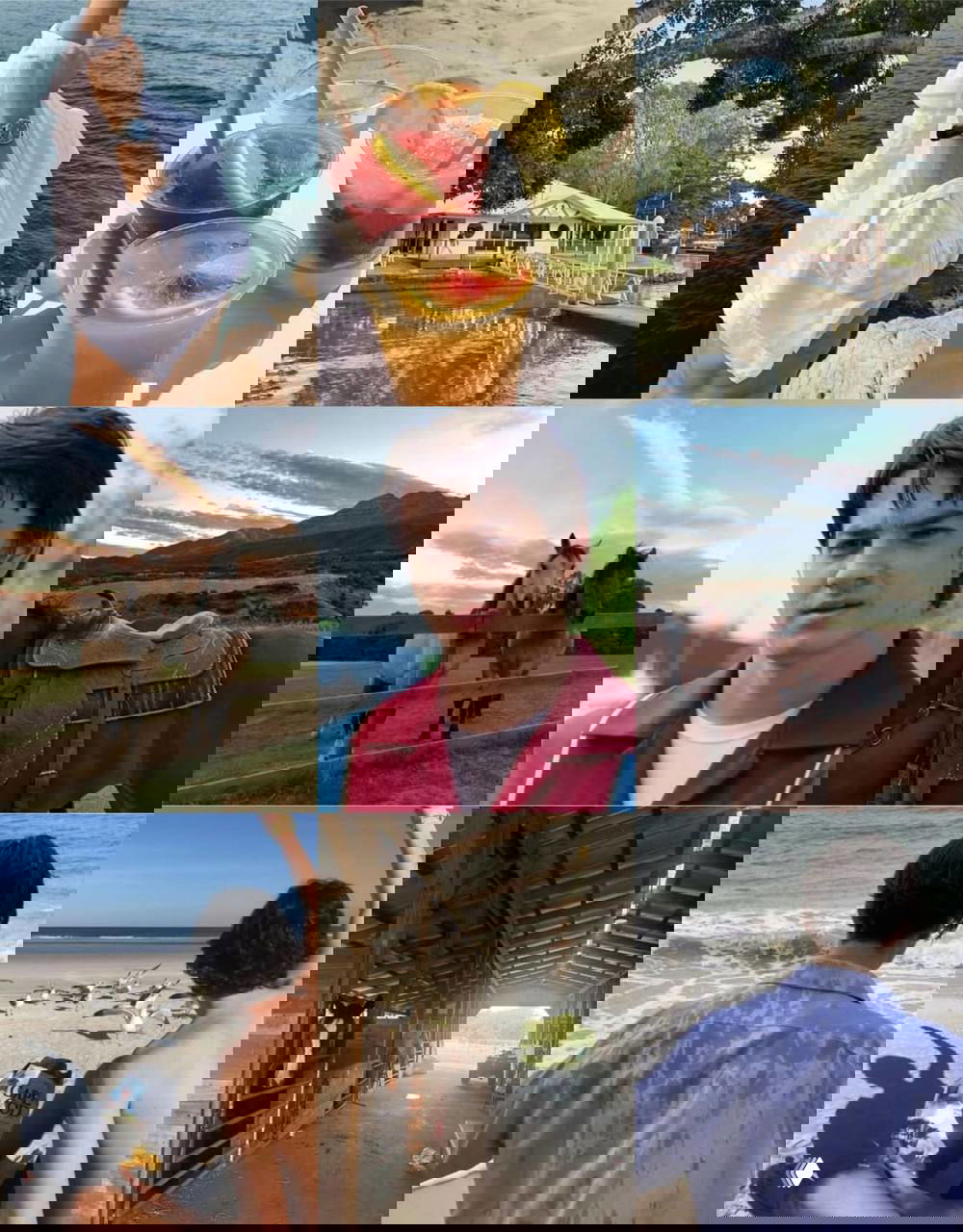 Панорамный коллаж с пляжными снимками, напитками и сельскими пейзажами рядом с портретом персонажа — летние мотивы и фан-эстетика.