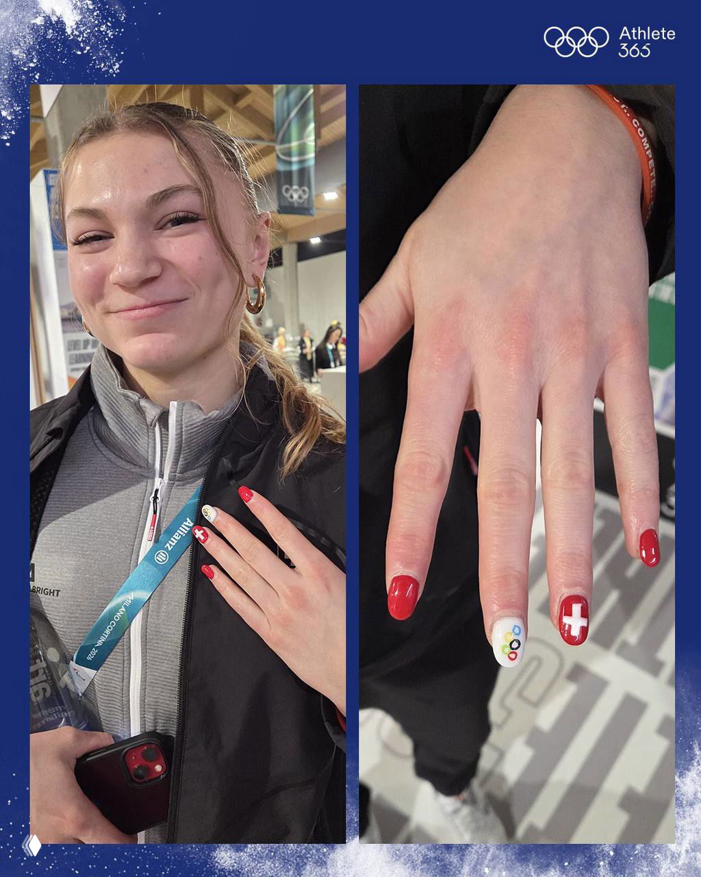 Девушка-спортсменка демонстрирует дизайн ногтей: красный лак и рисунки с олимпийскими кольцами и швейцарским крестом — крупный план руки.