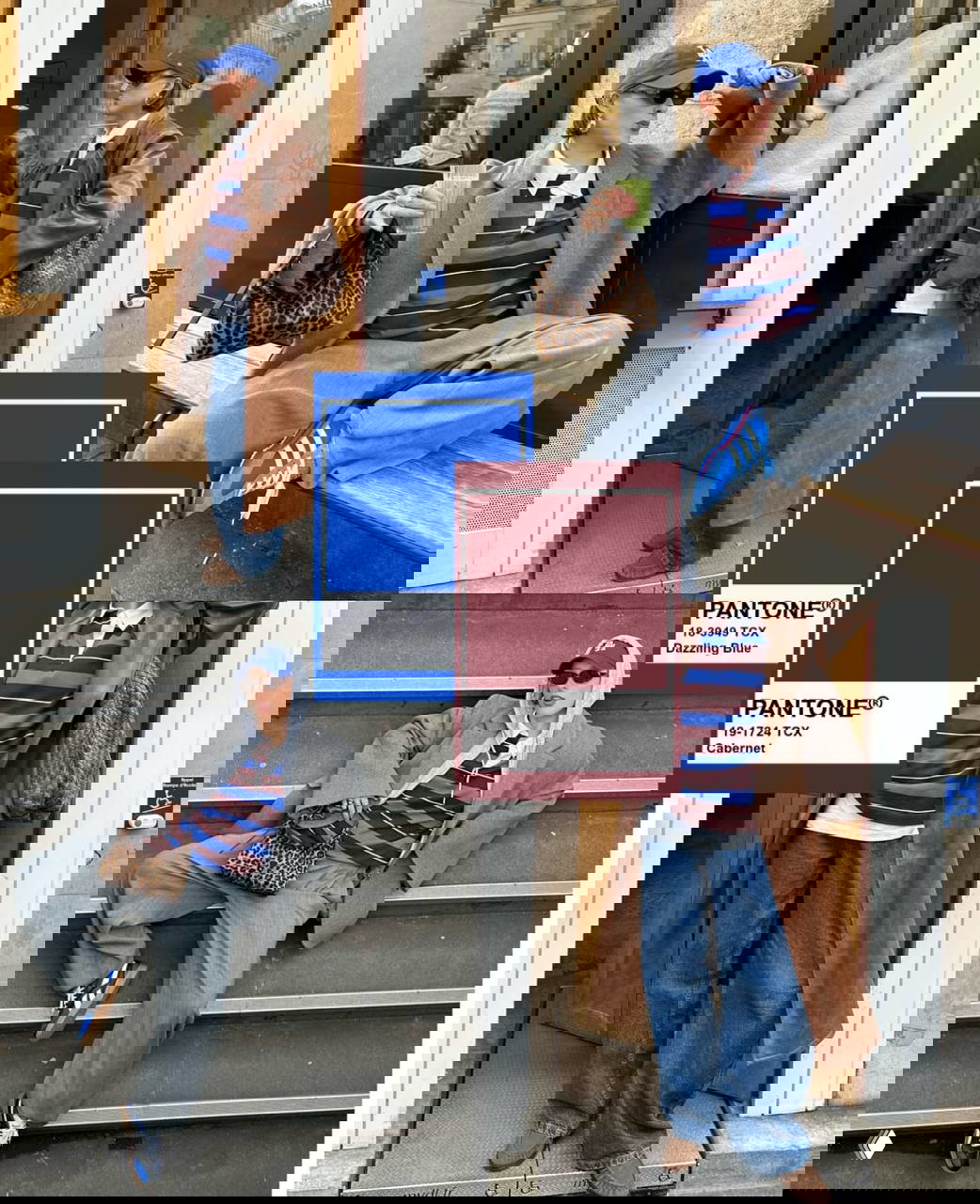 Коллаж с синим электрик и вишнёвым: уличные луки с яркими кроссовками и карточки Pantone Dazzling Blue и Cabernet.