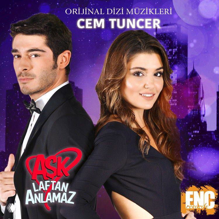 Постер «Aşk Laftan Anlamaz»: двое главных героев на фиолетовом фоне, промо-изображение с названием и лицами актёров в центре композиции.