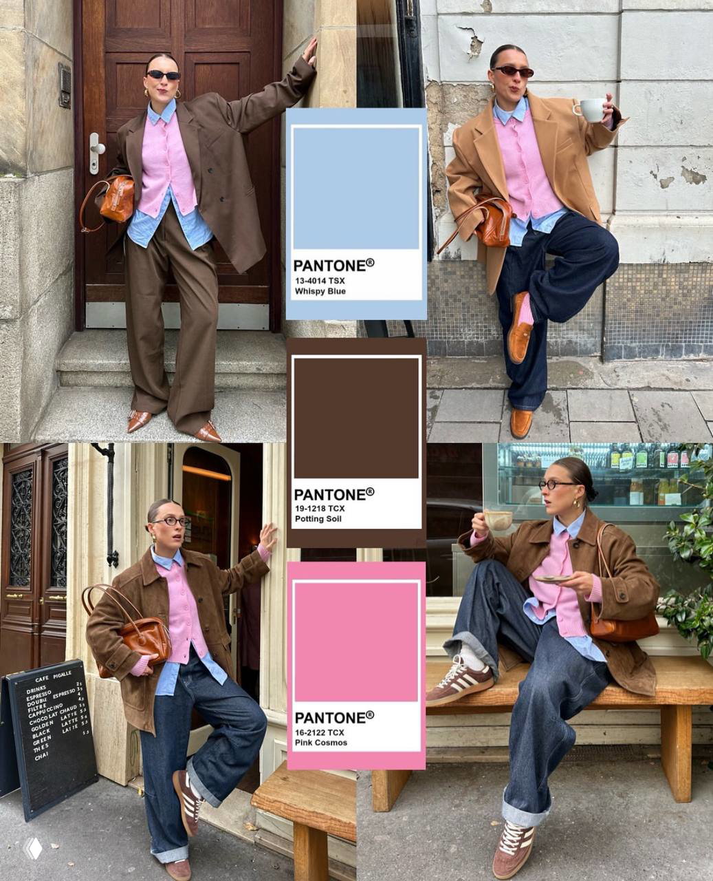 Коллаж образов: сочетание голубого, коричневого и розового на уличных снимках, карточка Pantone Whispy Blue и Potting Soil.