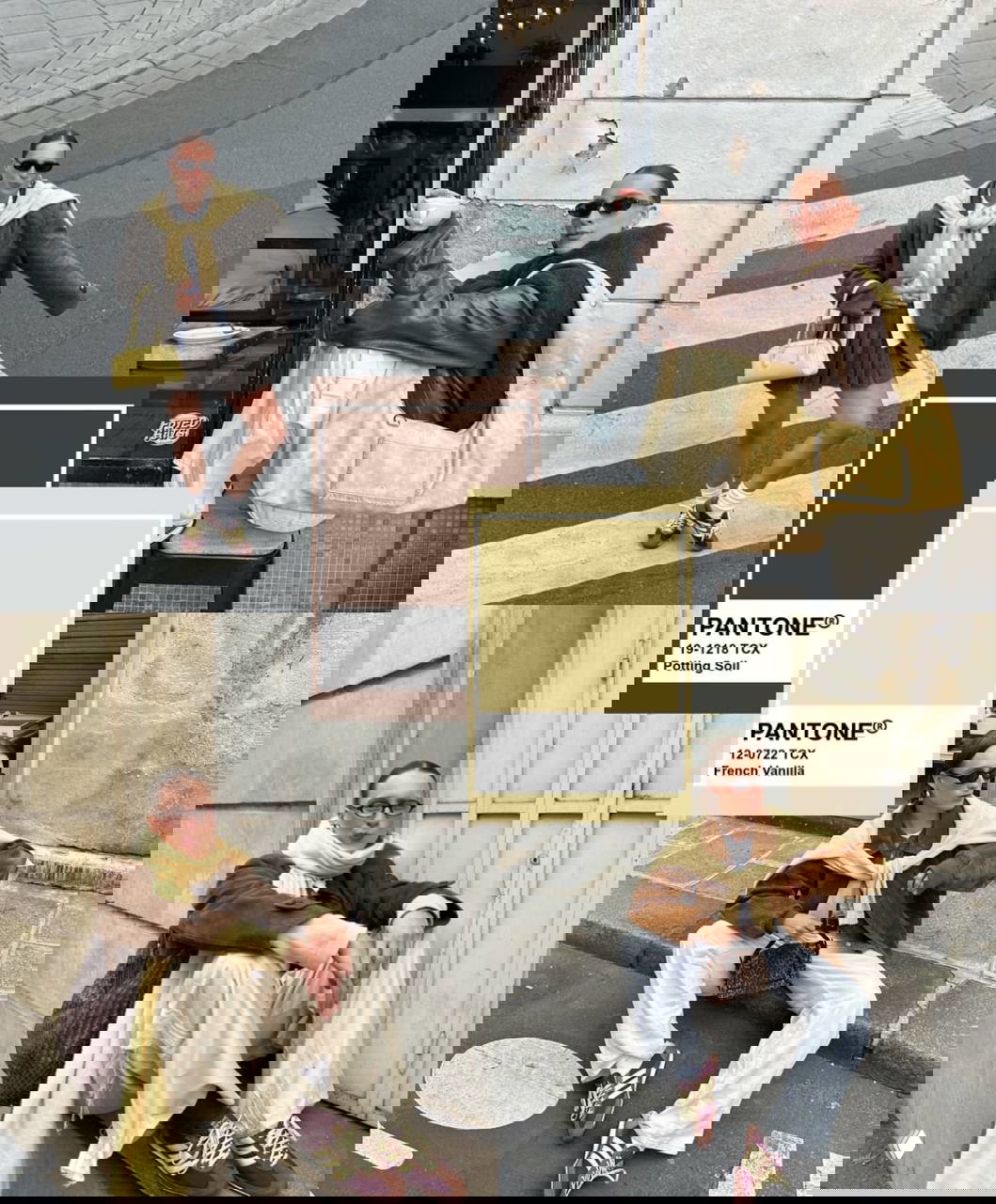 Коллаж с коричневой гаммой и кремовыми оттенками: модель в коричневых вещах, сумки и карточки Pantone Potting Soil и French Vanilla.