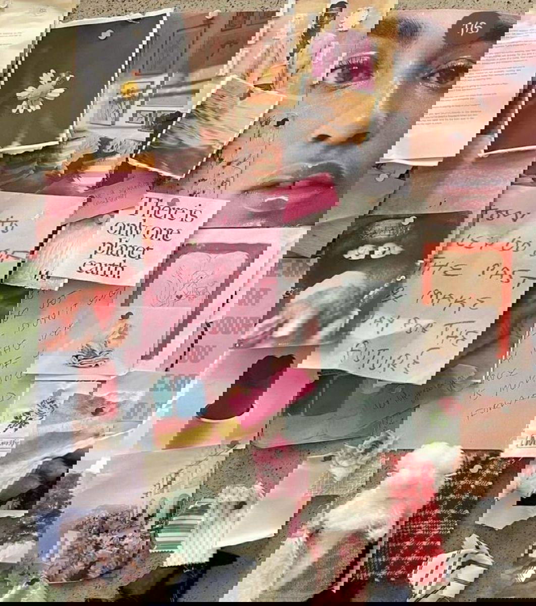 Коллаж из вырезок, заметок и фотографий на доске: карточки, записки с рукописным текстом, изображение с надписью «There is only one planet earth»