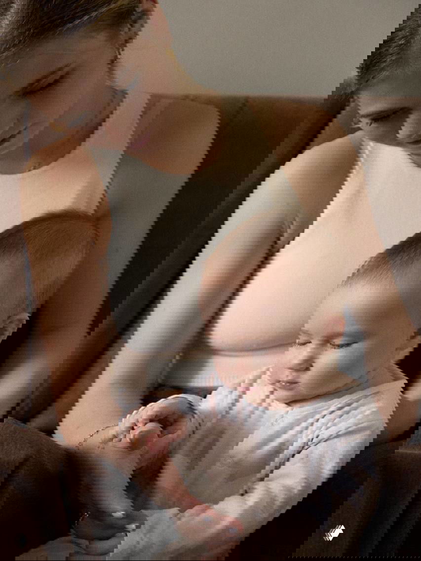 Крупный план: мама смотрит на сына в светлой футболке, ребёнок внимательно изучает что-то в руках; естественные тёплые тона и мягкий свет.