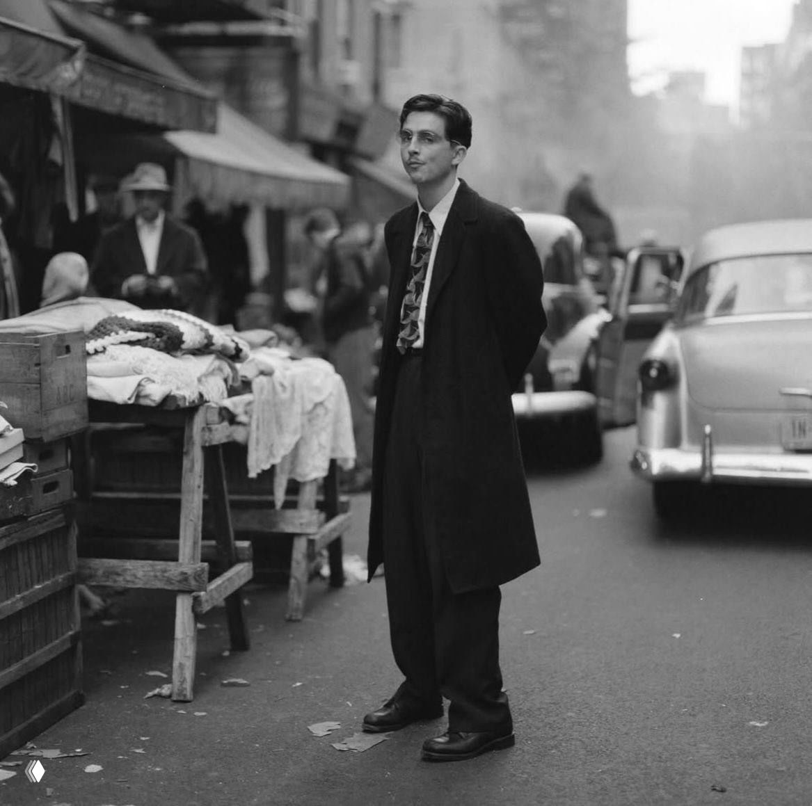 Чёрно-белая фотография мужчины в длинном плаще и галстуке на городской улице; атмосферный кадр с выраженной винтажной эстетикой и композиционной глубиной.