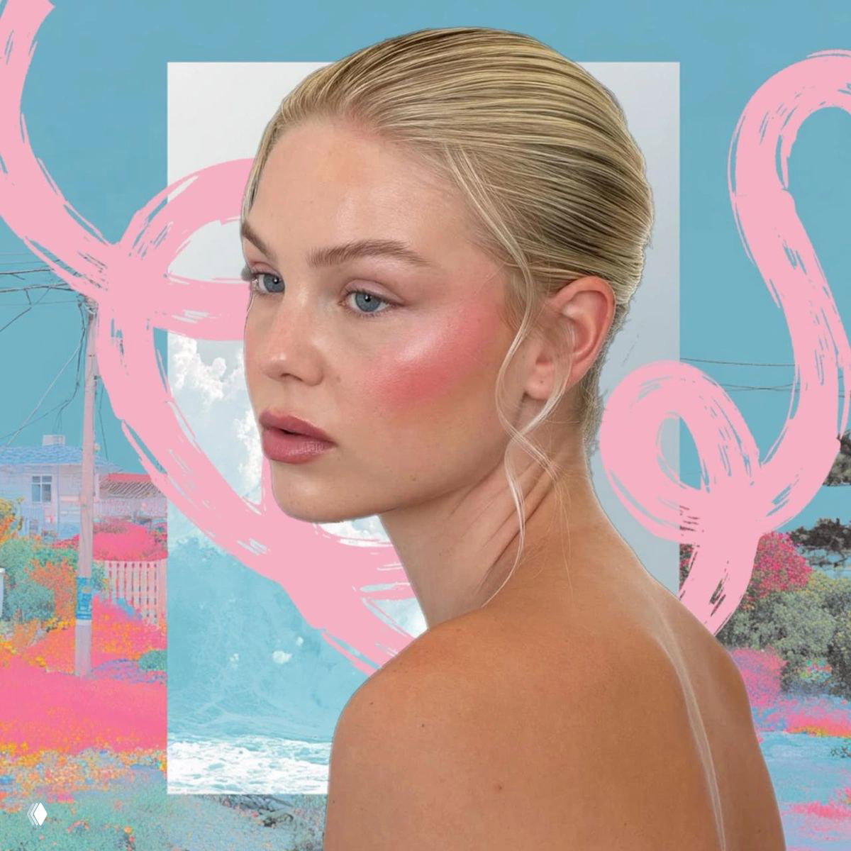 Коллаж: портрет молодой блондинки в светлом натуральном макияже на пастельном фоне с розовыми кистевыми штрихами и морским декоративным мотивом