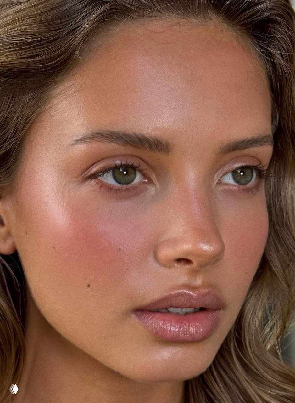 Роскошный крупный план лица с едва заметными бронзовыми и розовыми румянами, сияющей кожей и натуральным макияжем глаз.