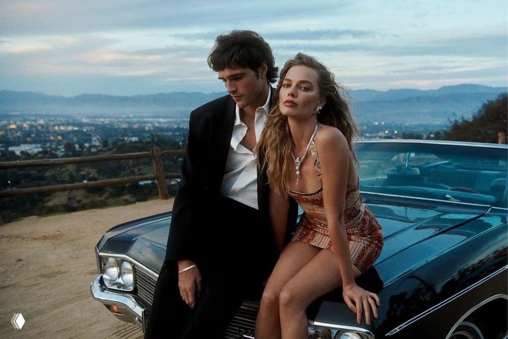 Марго Робби и Джейкоб Элорди сидят на капоте ретро-автомобиля на фоне заходящего неба; кинематичный городской пейзаж.