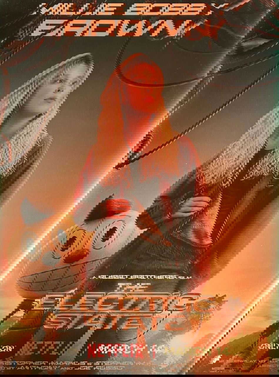 Плакат фильма «The Electric State» с Милли Бобби Браун в образе 90-х: заголовок фильма, логотип Netflix и стилизованный фон постера.