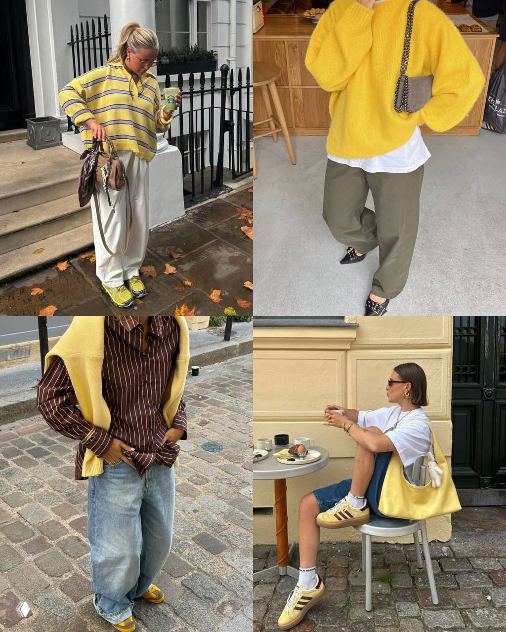 Коллаж желтых образов и аксессуаров: лимонные и сливочные свитеры, сумки и кеды в городских кадрах — весенне‑летние идеи в моде.