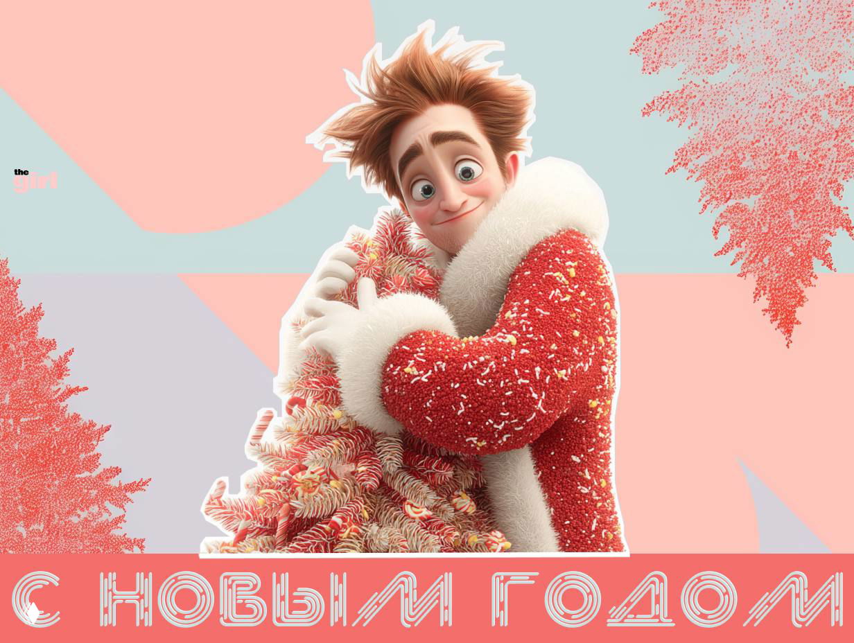 Открытка: мультяшный мужчина в красной шубе обнимает ёлку на пастельном фоне, декоративная надпись «С Новым годом».