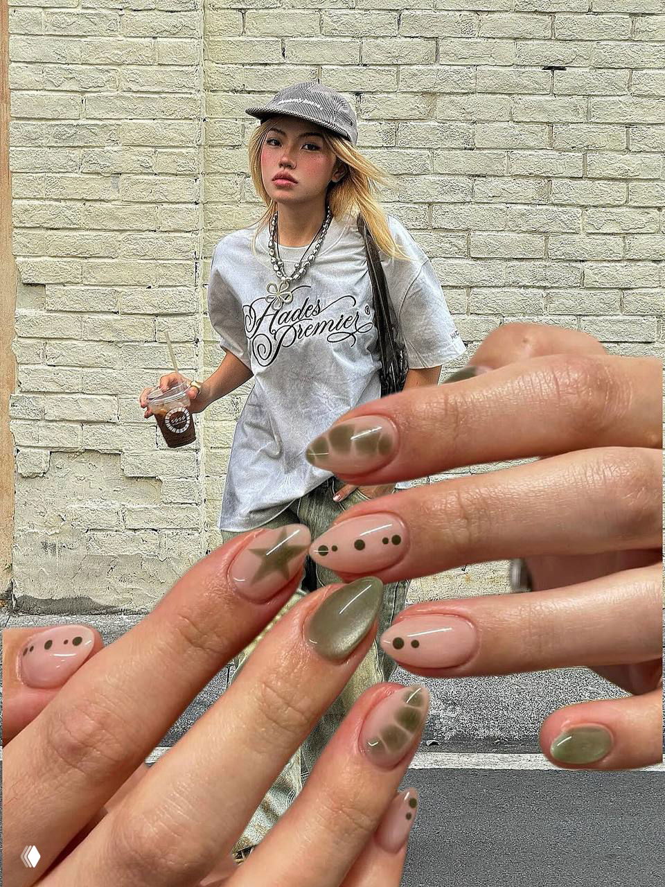 Крупный план маникюра в оливково‑нюдовой гамме с графическими точками и мягкими переходами на фоне модной девушки у кирпичной стены в урбан‑стиле.