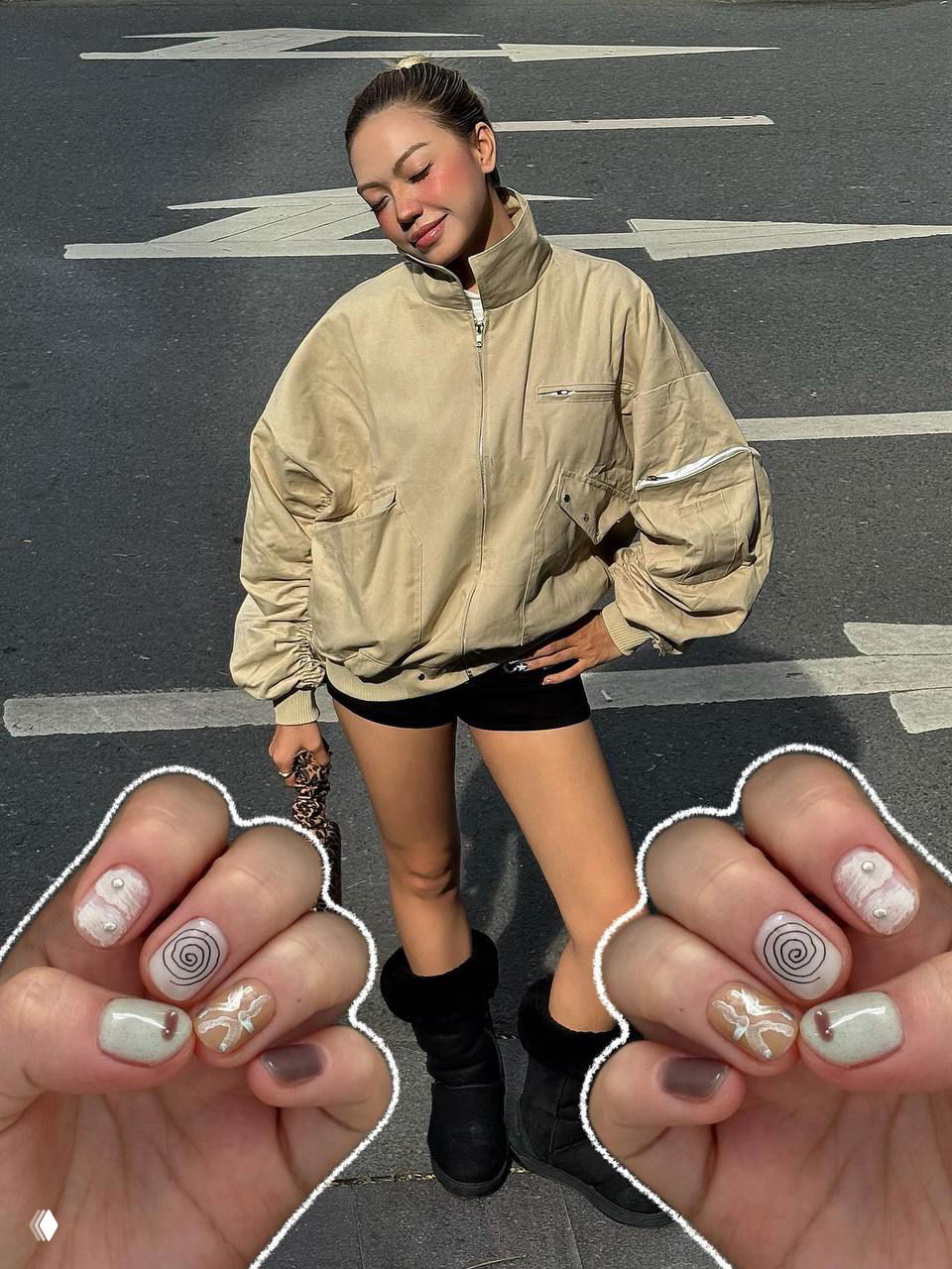 Фотоколлаж: руки с пастельными рисунками, спиралями и мини‑фигурками на ногтях на фоне уличного кадра с девушкой в бежевой куртке и высоких носках.
