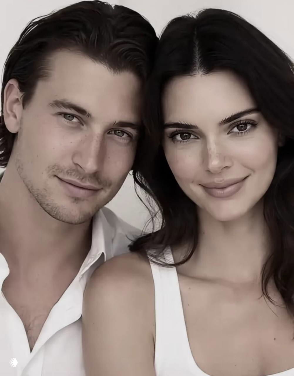 Портретная студийная фотография пары — мужчина и женщина рядом, нейтральный фон, мягкое освещение, композиция по плечи, естественная ретушь