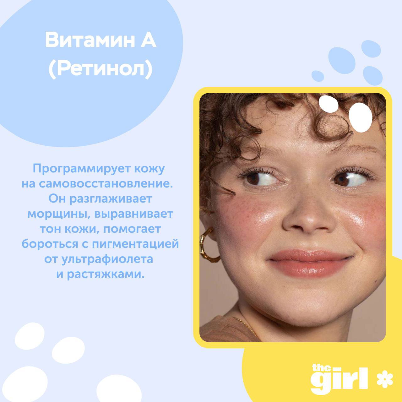 Слайд о витамине A (ретинол): портрет улыбающейся женщины в рамке и текст о том, как ретинол программирует кожу на самовосстановление, разглаживает морщины и выравнивает тон.