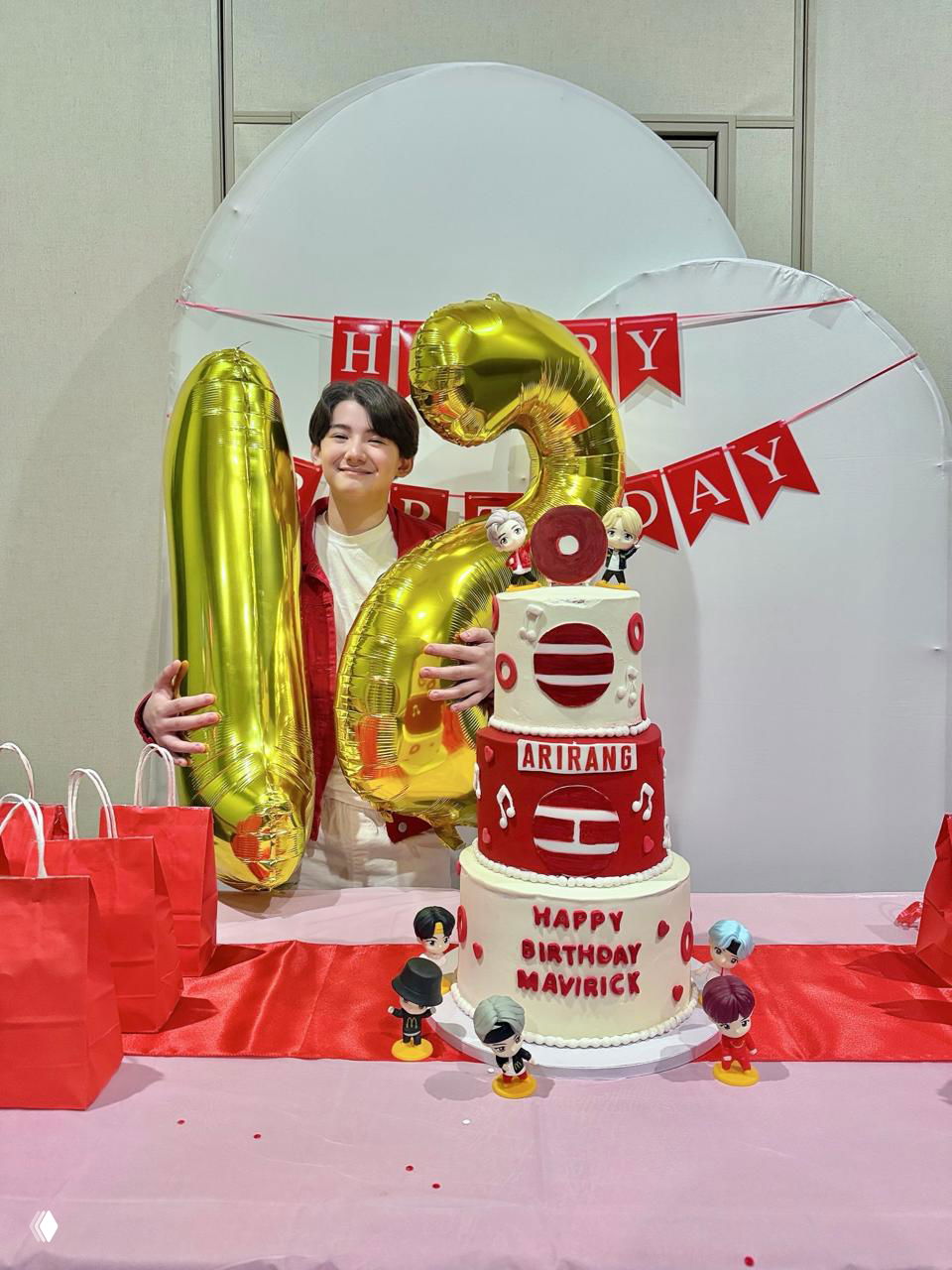 Трёхъярусный торт с оформлением ARIRANG и фигурками, праздничная фотозона с шариками — фан‑ивент и мерч‑торт на дне рождения.