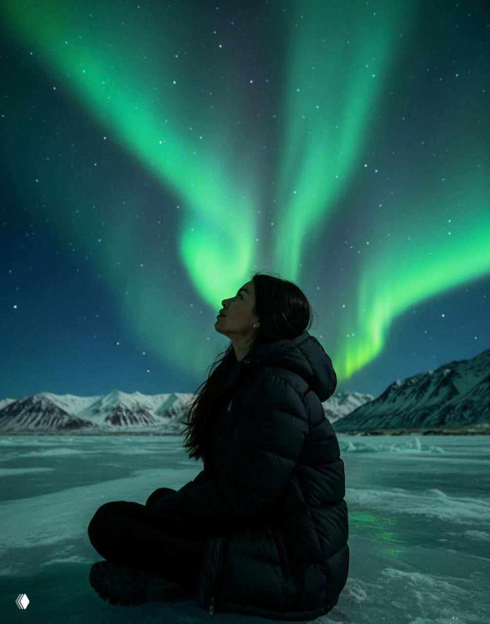 Женщина в тёплой куртке сидит на льду на фоне гор и яркого зелёного северного сияния; ночное небо усыпано звёздами, атмосферный зимний кадр.