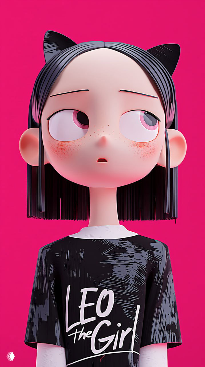Портретная 3D-рисунка девочки с прямыми чёрными волосами и ушками на ярко-розовом фоне, минималистичный стиль для обоев.